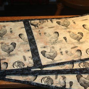 4 Handmade Roosters Black and Tan Placemats